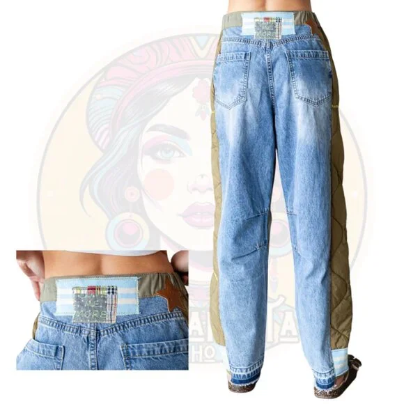 P501 OLI & HALI Blue Green Washed Colorblock Inset Jeans - Picture 2 of 2